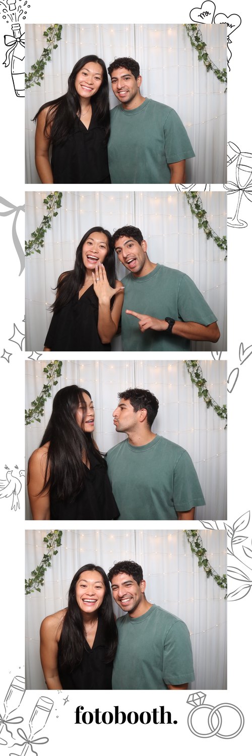 Wedding-themed photo booth strip with a couple showing off an engagement ring