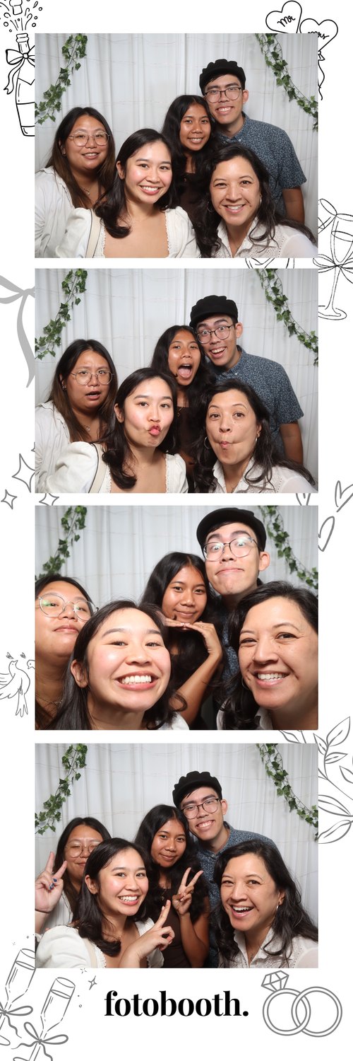 Wedding-themed photo booth strip with a group of friends